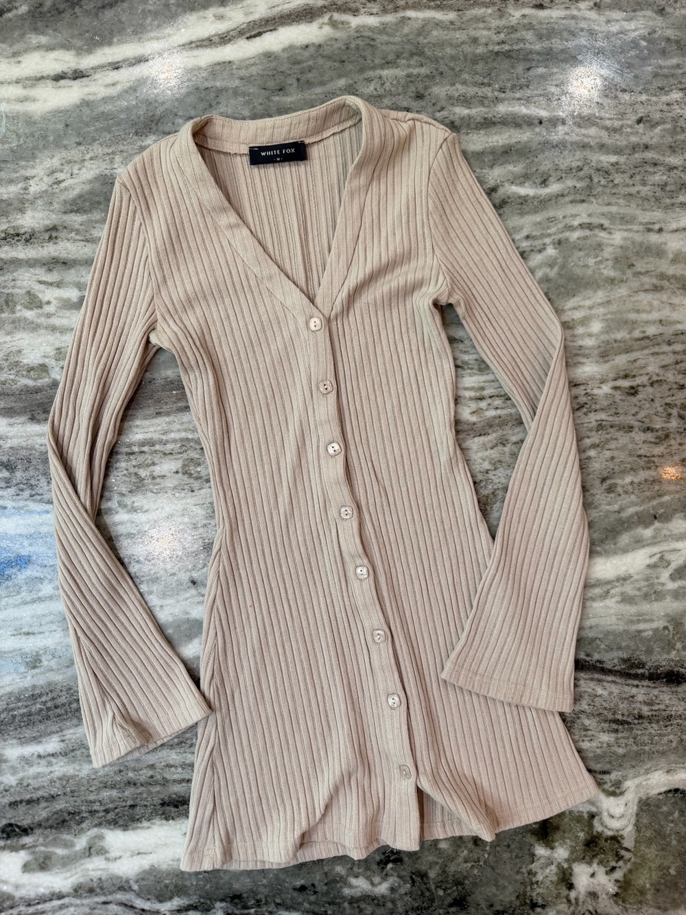White Fox Ribbed Button-Front Long Sleeve Dress - Beige